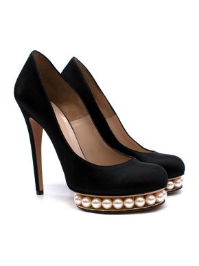 Nicholas Kirkwood Black satin & faux pearl Casati platform heeled pumps