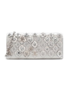 Chanel Silver Camellia Embellished Chain Clutch