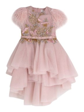 Mischka Aoki Pink Embroidered Feather Trim Dress