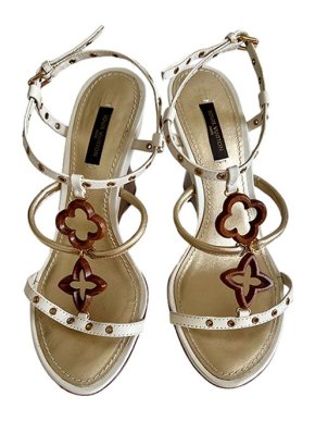 Louis Vuitton White & gold leather Fleur de Monogram wedge heeled sandals