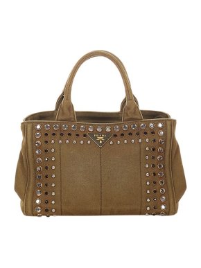 Prada Khaki canvas Studded Canapa tote bag