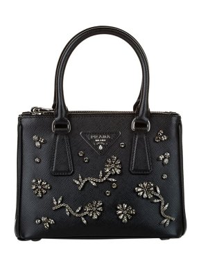 Prada Black Saffiano leather floral crystal embellished Galleria Double Zip bag