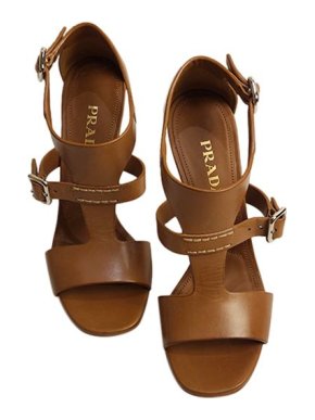Prada Tan leather topstitched platform heeled sandals