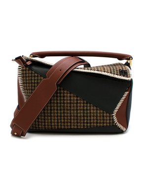 Loewe Brown and Green Houndstooth Puzzle Large Shoulder Bag