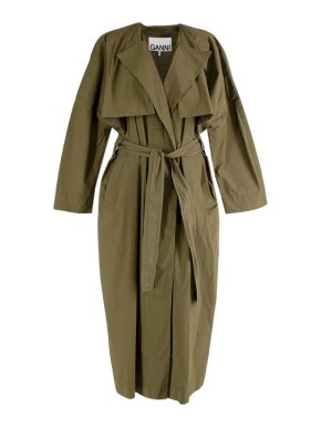 Ganni Green cotton-blend collarless trench coat
