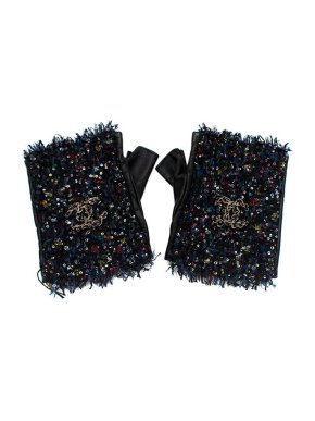 Chanel Black sequinned tweed fingerless gloves 34