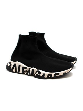 Balenciaga Graffiti Black and White Recycled Knit Speed Sneakers