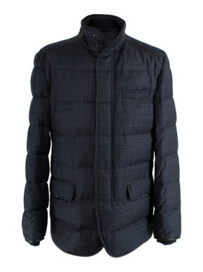 Brioni Leather Trimmed Navy Check Down Jacket