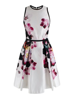 Elie Saab Floral Printed White Satin Skater Dress