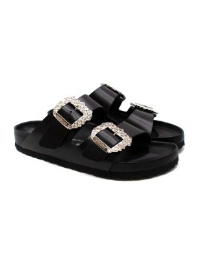 Birkenstock x Manolo Blahnik black leather crystal buckle Arizona sandals