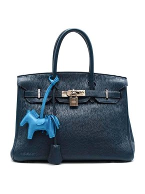 Hermes Bleu De Prusse Clemence Leather Birkin 30 PHW with Blue Rodeo Charm