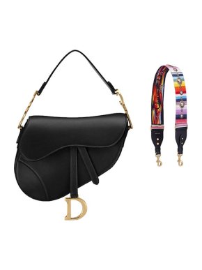 Dior Black Smooth Leather Saddle Bag with Studded Shoulder Strap
