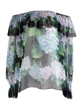 Dolce & Gabbana Hydrangea Print Sheer Off-Shoulder Blouse