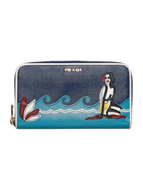 Prada Blue Saffiano leather beach applique long wallet