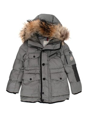 Moncler Kids 8 Y Grey Feather Down Jacket With Racoon Fur Trimmed Hood