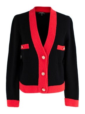 Chanel Black Cashmere Cardigan With Contrasting Red Trim