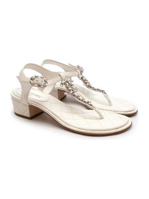 Chanel White Quilted Leather & Chain Embellished Sandals