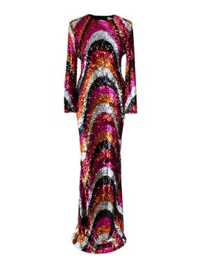 Halpern Wave Sequin Open-Back Column Gown
