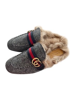 Gucci Herringbone tweed web stripe Princetown backless loafers