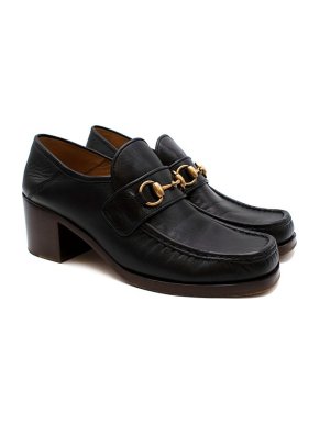 Gucci Black leather Horsebit block heeled loafers