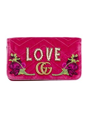 Gucci Pink velvet GG Marmont Love embellished bag