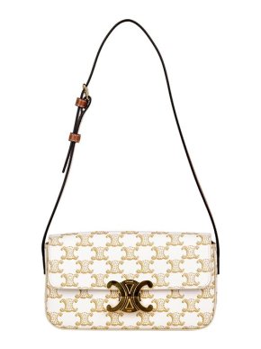 Celine White printed canvas & tan leather Triomphe bag