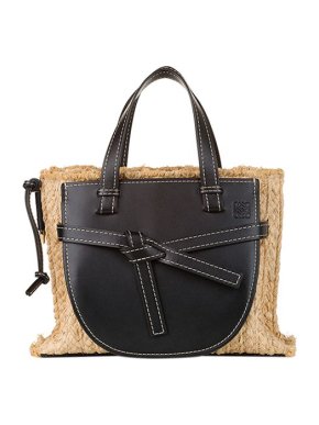 Loewe Black leather & natural raffia Gate top handle bag