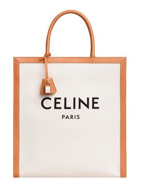 Celine Natural canvas & tan leather vertical logo tote bag