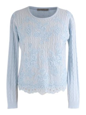 Ermanno Scervino Powder-blue cable knit cashmere & lace jumper