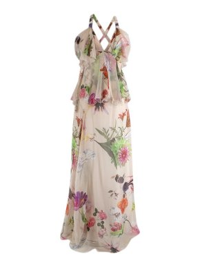 Blumarine Cream Floral Print Halterneck Silk Draped Gown