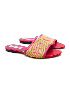 Emilio Pucci Pink leather & natural raffia logo slides