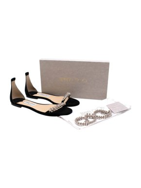 Jimmy Choo Black suede & crystal Shiloh ankle strap flat pumps
