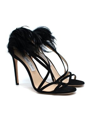 Jimmy Choo Black suede feather trimmed Belissa 100 heeled sandals