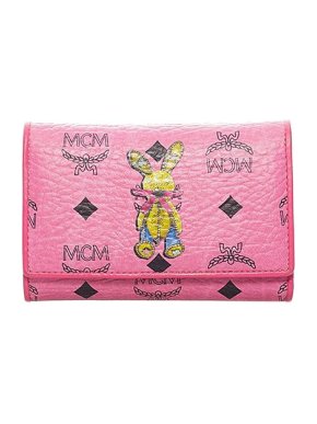 MCM Pink Visetos rabbit leather compact wallet