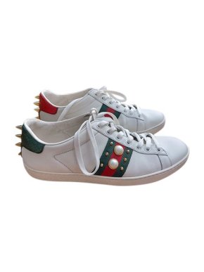 Gucci White leather faux-pearl trimmed Ace trainers