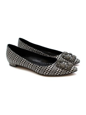 Manolo Blahnik Black & Silver Woven Hangisi Flats
