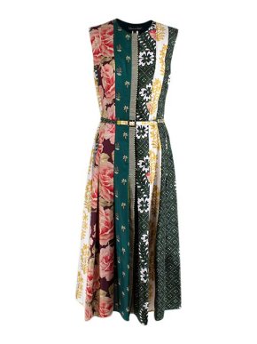 Oscar de la Renta Green Patchwork Print Sleeveless Dress