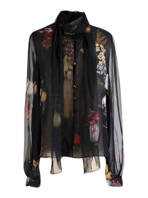 Black Sheer Silk Floral Pussy Bow Blouse