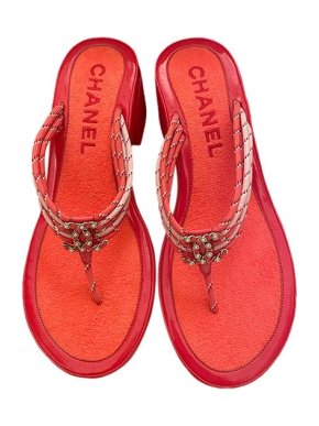 Chanel Red & pink bungee cord CC thong sandals