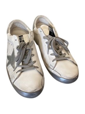 Golden Goose White & silver distressed leather Superstar trainers