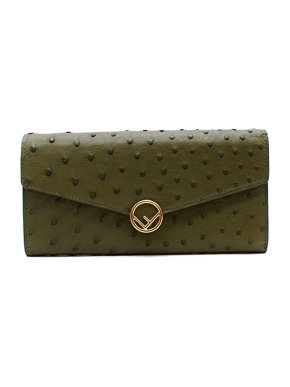 Fendi Dark green ostrich flap long wallet on chain