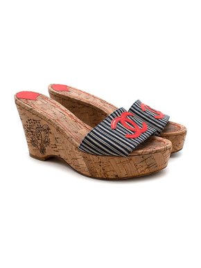 Chanel Blue striped canvas coral CC wedge heeled sandals