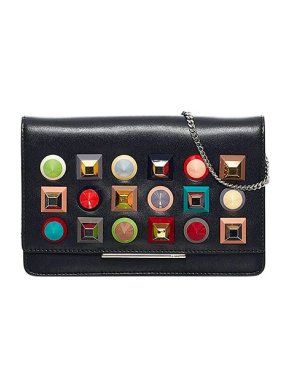 Fendi Black leather multicolour studded wallet on chain