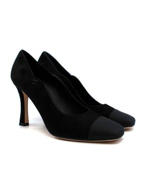 Chanel Black Suede/Satin Cap-Toe Square Toe Pumps
