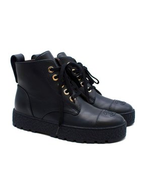 Chanel Navy Leather CC Lock Flatform Ankle Boots