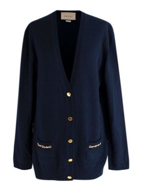 Gucci Navy Cashmere Cardigan with Chain Detail