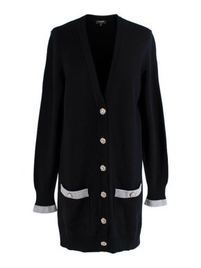 Chanel Black Cashmere Grey Trim Cardigan