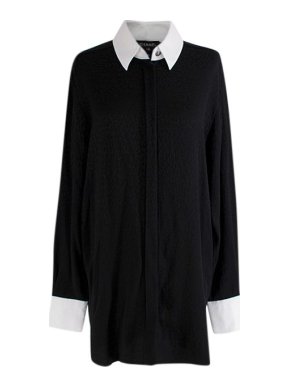 Chanel Black cc silk jacquard contrast collar & cuffs blouse