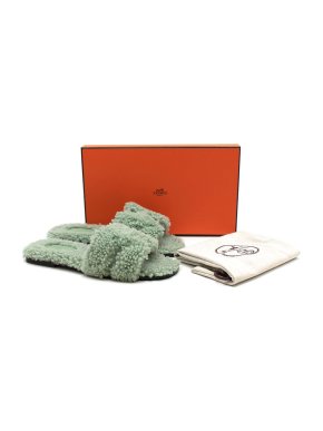 Hermes Vert D'eau Woolskin Oran Sandals