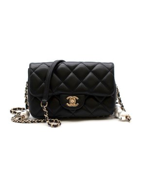 Chanel Black Lambskin Logo Pearl Chain Bag